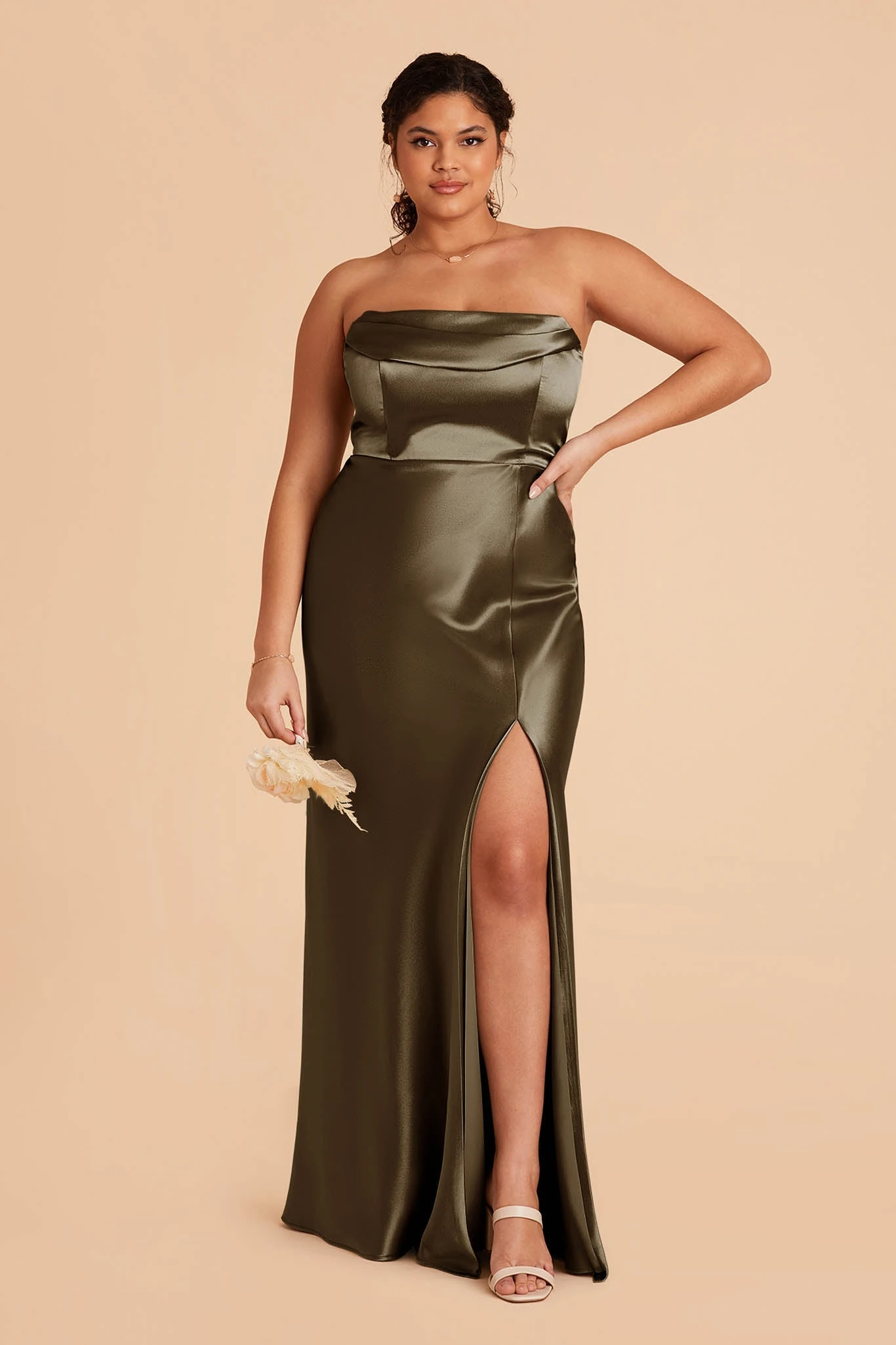 Mia Shiny Satin Convertible Dress - Olive - Image 2
